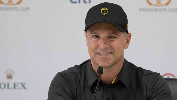 Trevor Immelman is pictured at a 2022 Presidents Cup press conference. He was the International Team captain.
